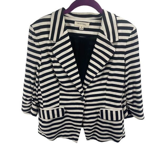 Monteau Women's Single Button Blazer Striped 3/4 Sleeve black white Medium - Picture 1 of 11